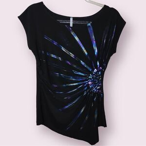 Passports Size Small Disco Holographic Rays Ruched Side Black Short Sleeve Top
